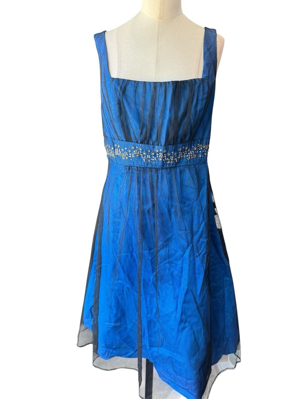 Zum Zum Niki Livas Macy's Blue Bedazzled Party Dress Sz 8 Tulle Overlay Square N